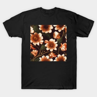 Deep Blue and Rust Autumn Orange Vintage Floral T-Shirt